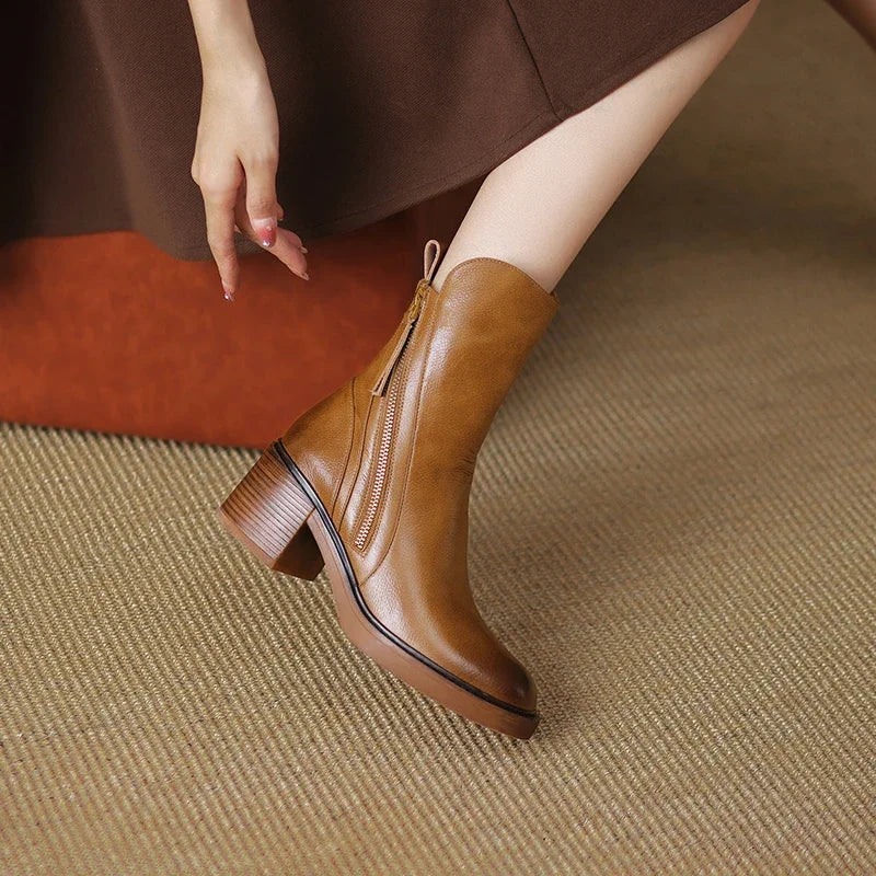 Women’s Block Heel Zip Boots – Sleek Round-Toe Ankle Style