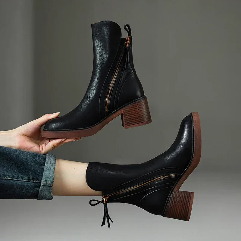 Women’s Block Heel Zip Boots – Sleek Round-Toe Ankle Style