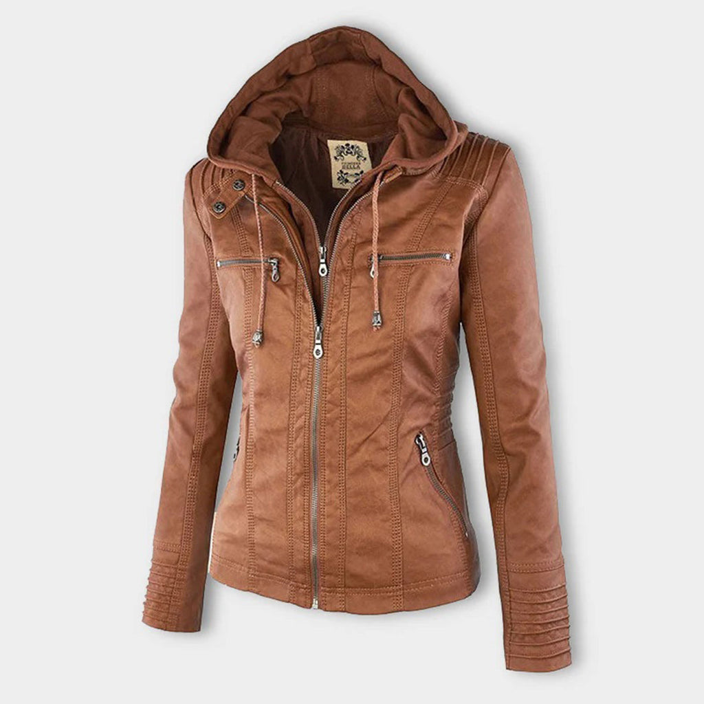 Women’s Brown Hooded Zip-Up Jacket – All-Season Casual Outerwear