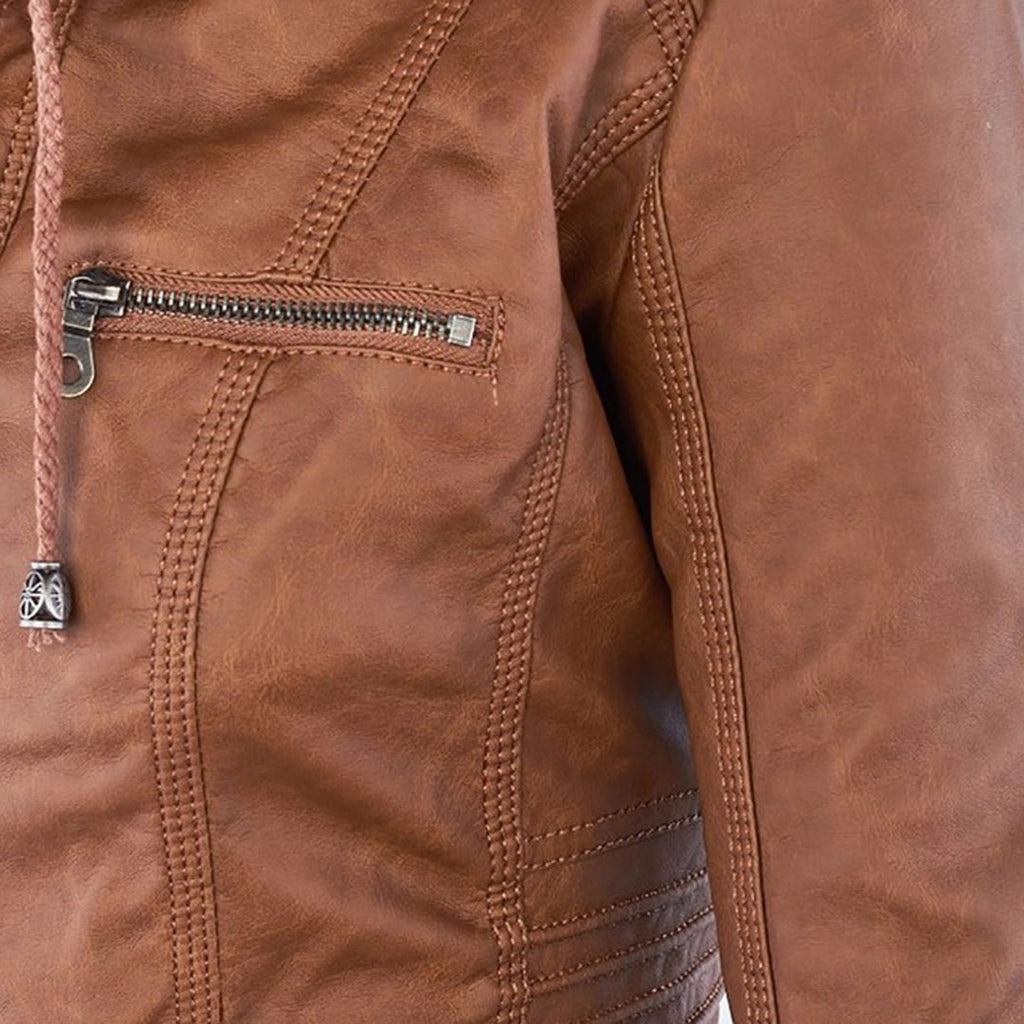 Women’s Brown Hooded Zip-Up Jacket – All-Season Casual Outerwear