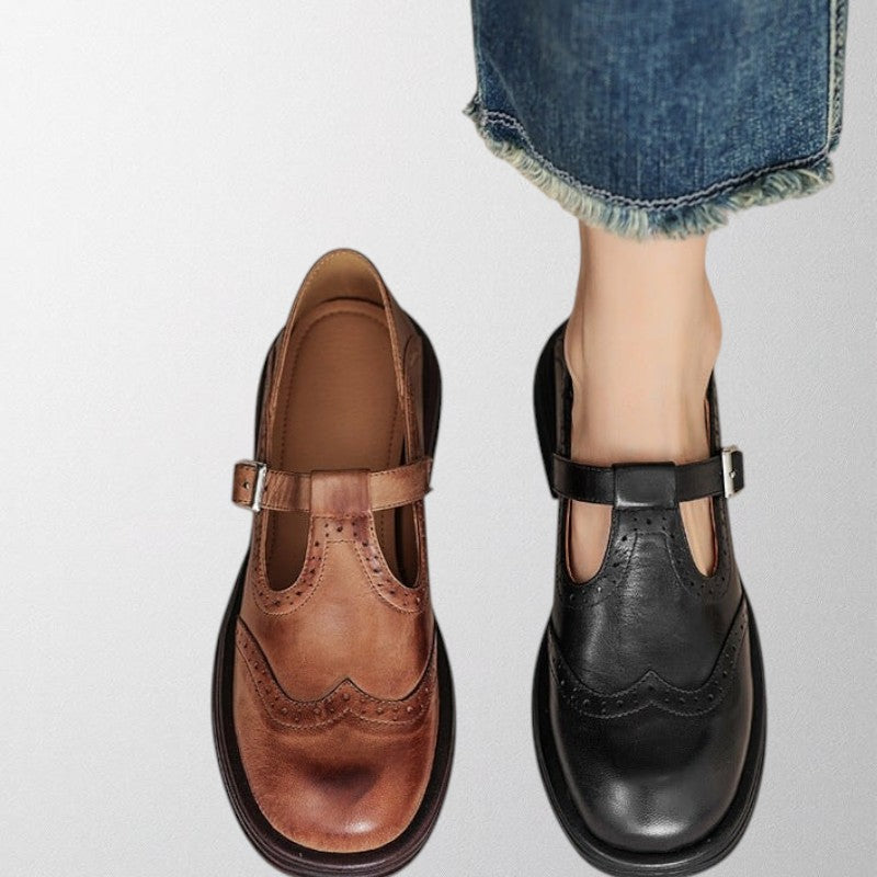 Women’s Buckle Strap Brogue Shoes – Classic Round-Toe Flats for Everyday & Office Wear