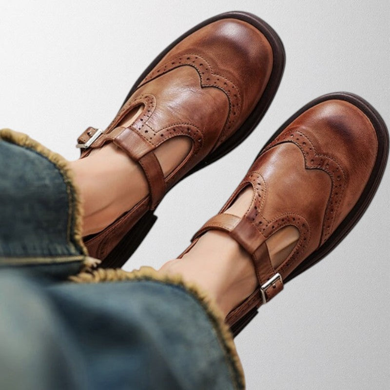 Women’s Buckle Strap Brogue Shoes – Classic Round-Toe Flats for Everyday & Office Wear