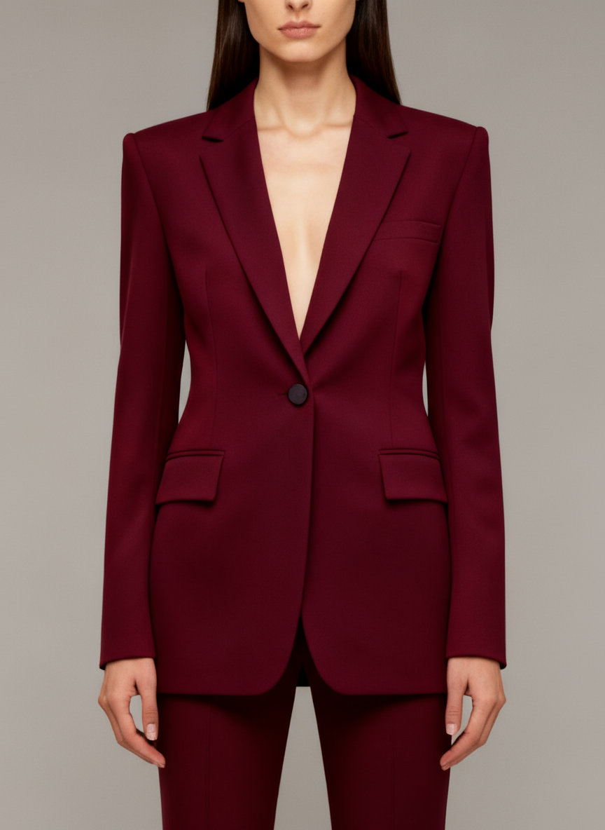 Women’s Burgundy Tailored Two-Piece Suit – Sculpted Blazer and Flared Trousers Set