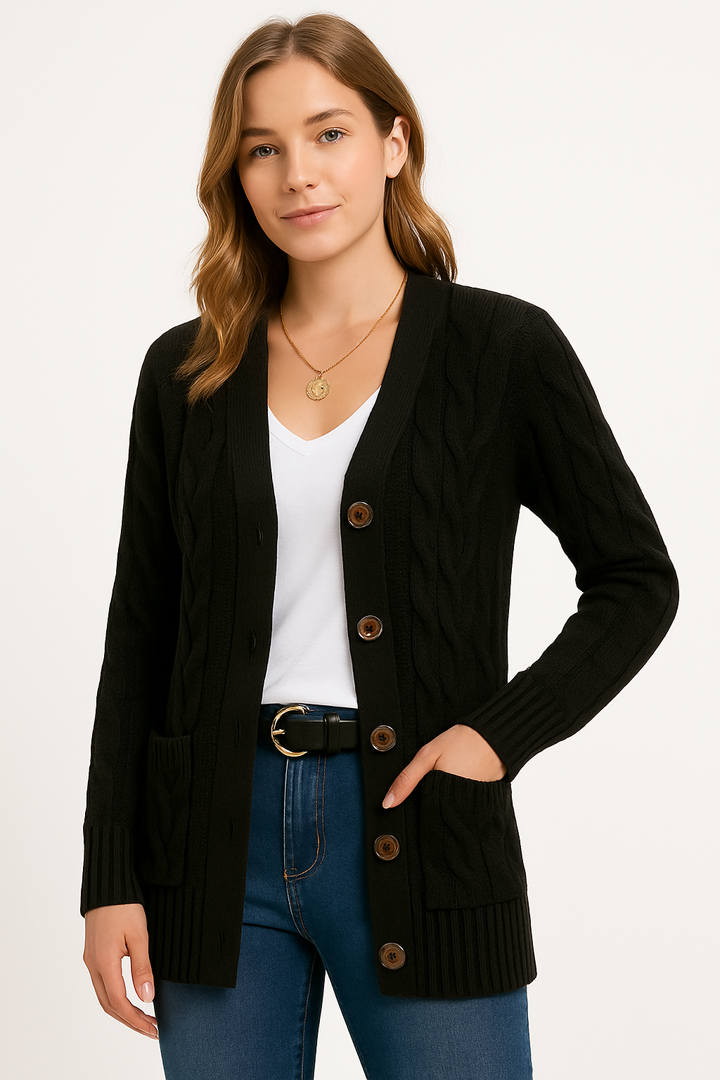 Women’s Cable Knit Cardigan Sweater – Long Sleeve Loose Fit Autumn/Winter Layering