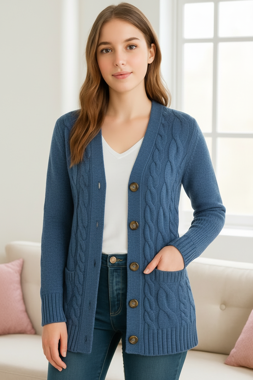 Women’s Cable Knit Cardigan Sweater – Long Sleeve Loose Fit Autumn/Winter Layering
