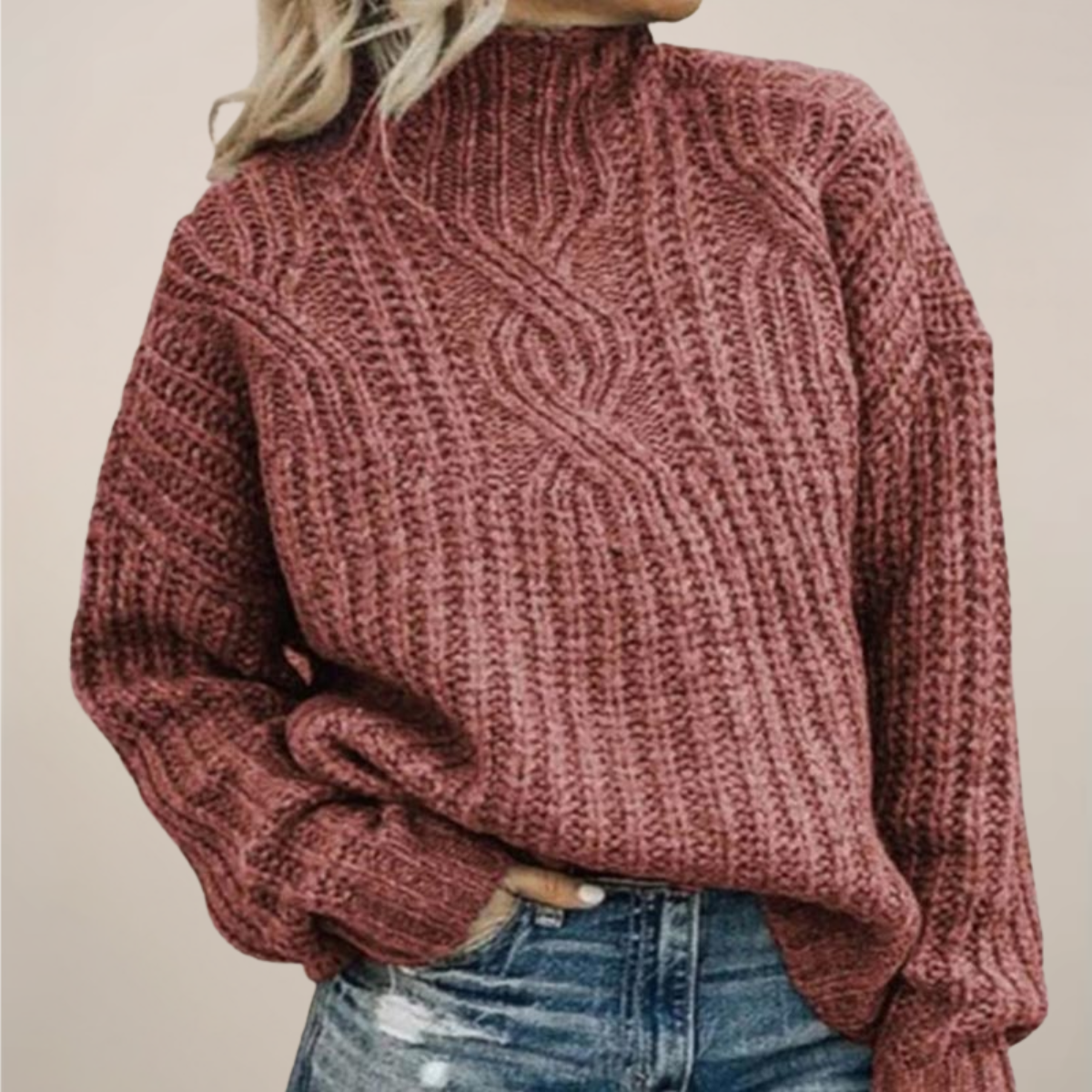 Women’s Cable Knit Sweater – Black, Mock Neck, Relaxed Fit