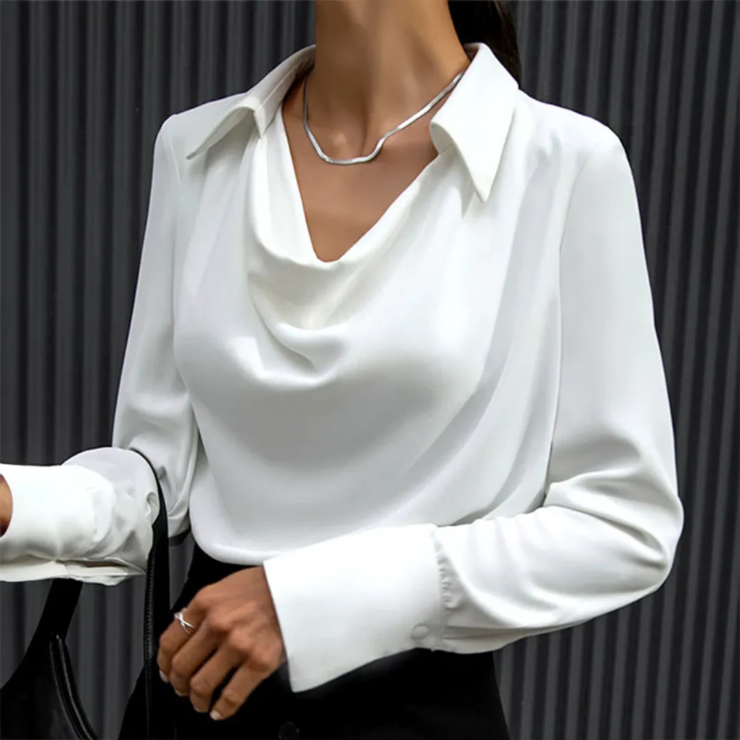 Women’s Cowl Neck Blouse – Long Sleeve Draped Collar Top