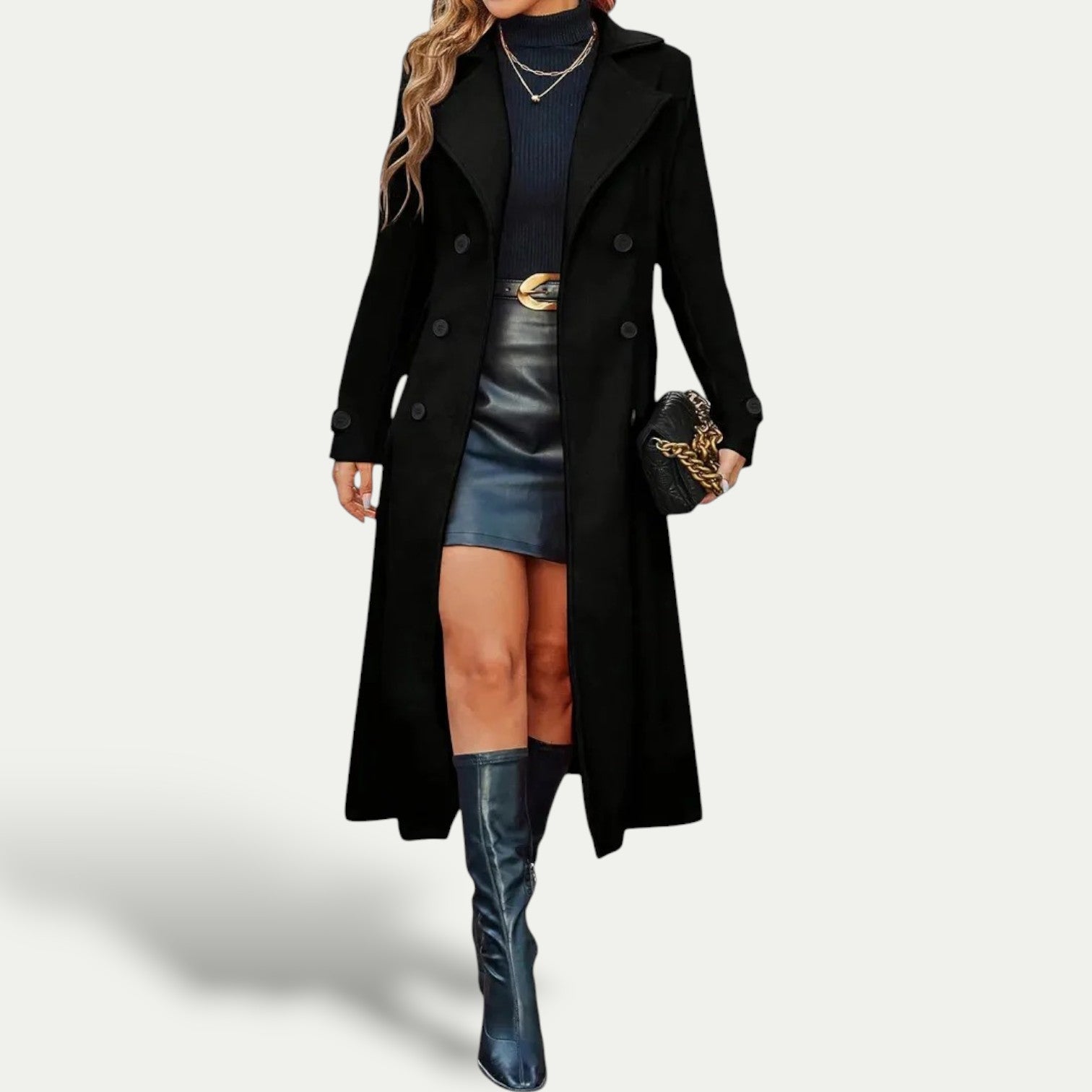 Women’s Double-Breasted Longline Coat – Winter Outerwear
