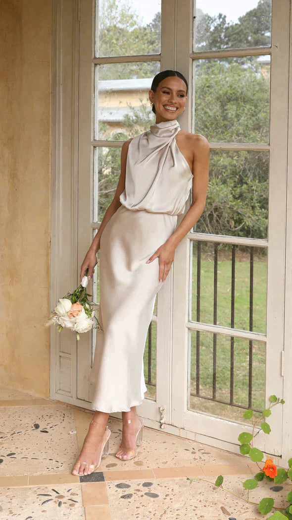 Women’s Elegant Halter Midi Dress – Draped Neckline with Fluid Silhouette
