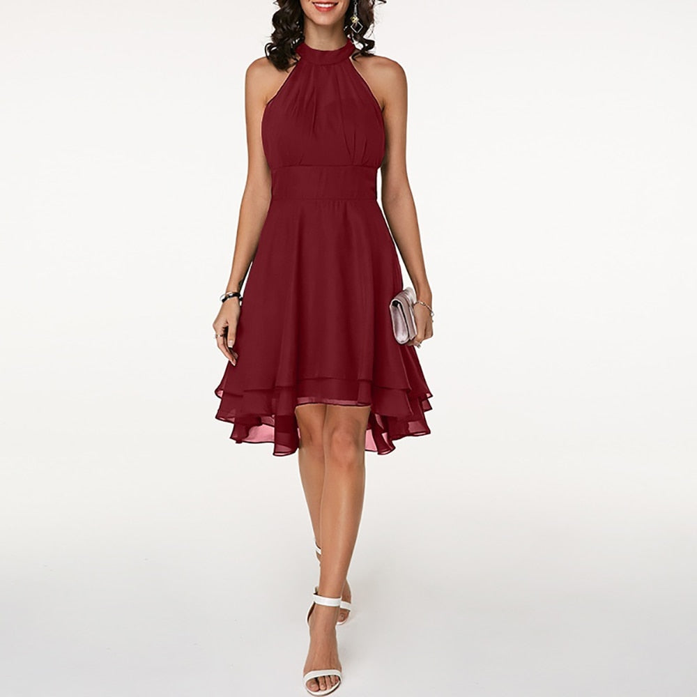 Women’s Halter Midi Dress – Flared Skirt with Ruffle Detailing