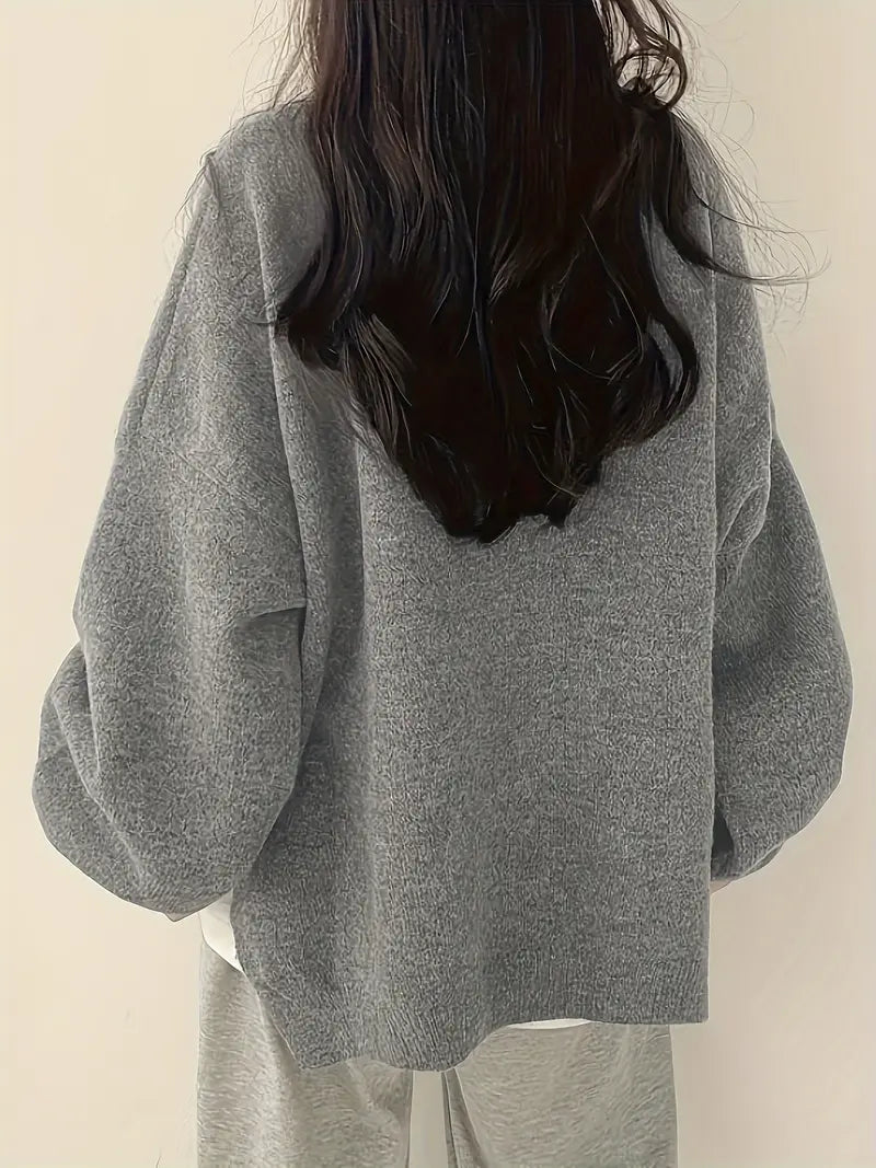 Women’s Lantern Sleeve Sweater – Oversized, Round Neck, Rib Trim
