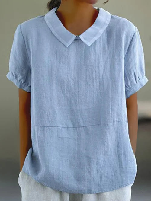 Women’s Linen Short Sleeve Blouse – Regular Fit – Peter Pan Collar