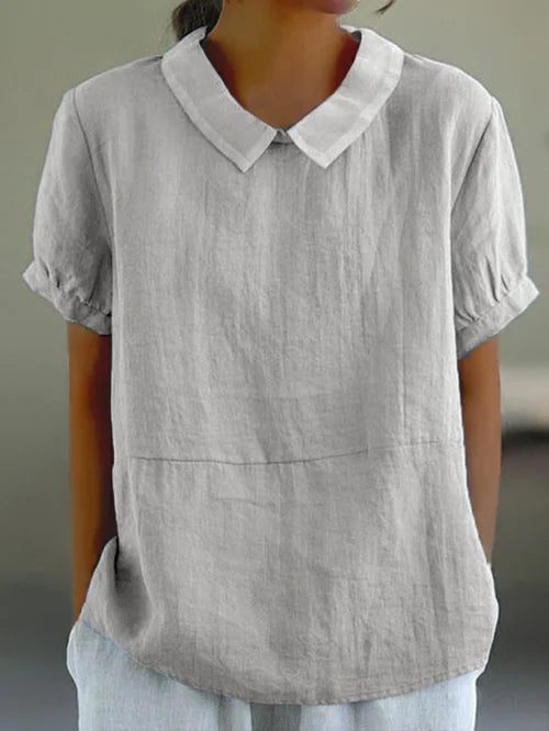 Women’s Linen Short Sleeve Blouse – Regular Fit – Peter Pan Collar