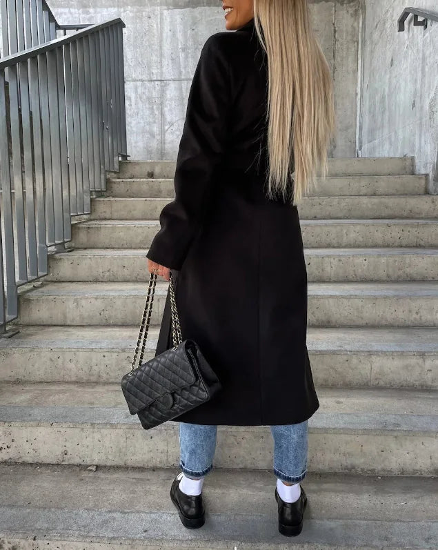 Women’s Long Double-Breasted Coat – Classic Belted Winter Overcoat