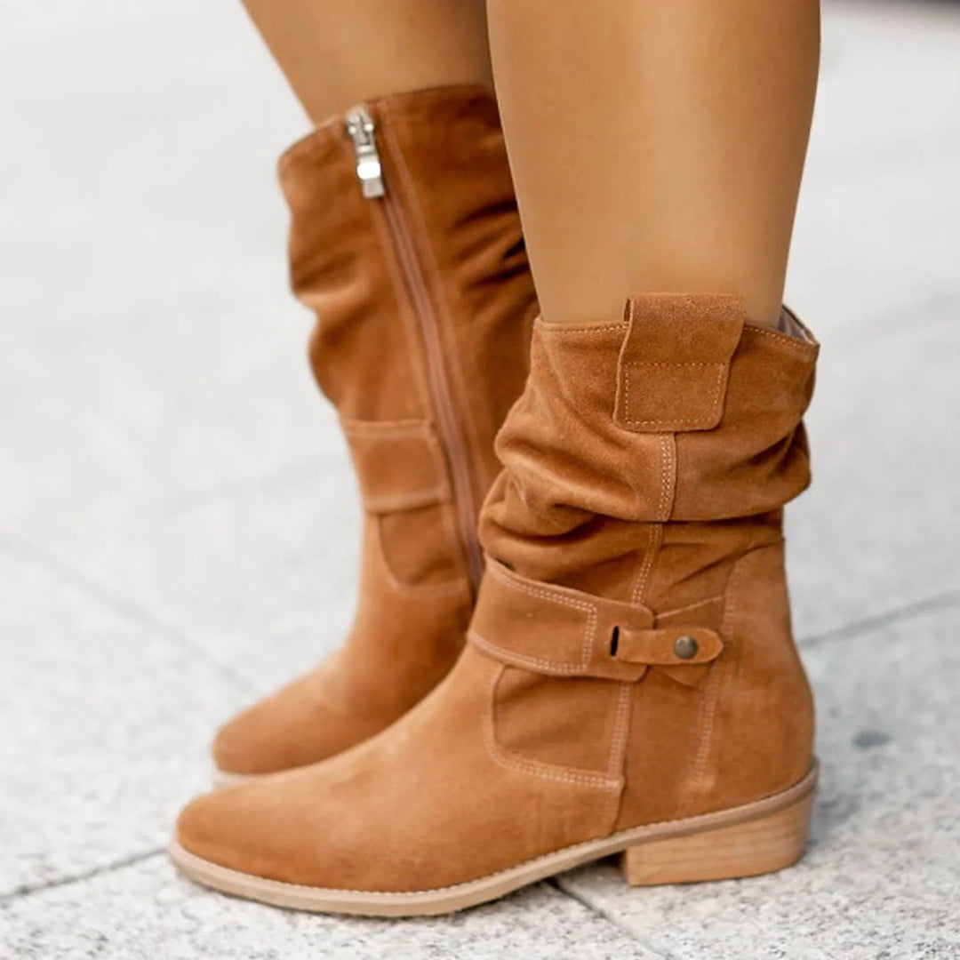 Women’s Mid-Calf Slouch Boots with Buckle Strap – Fall Casual Footwear