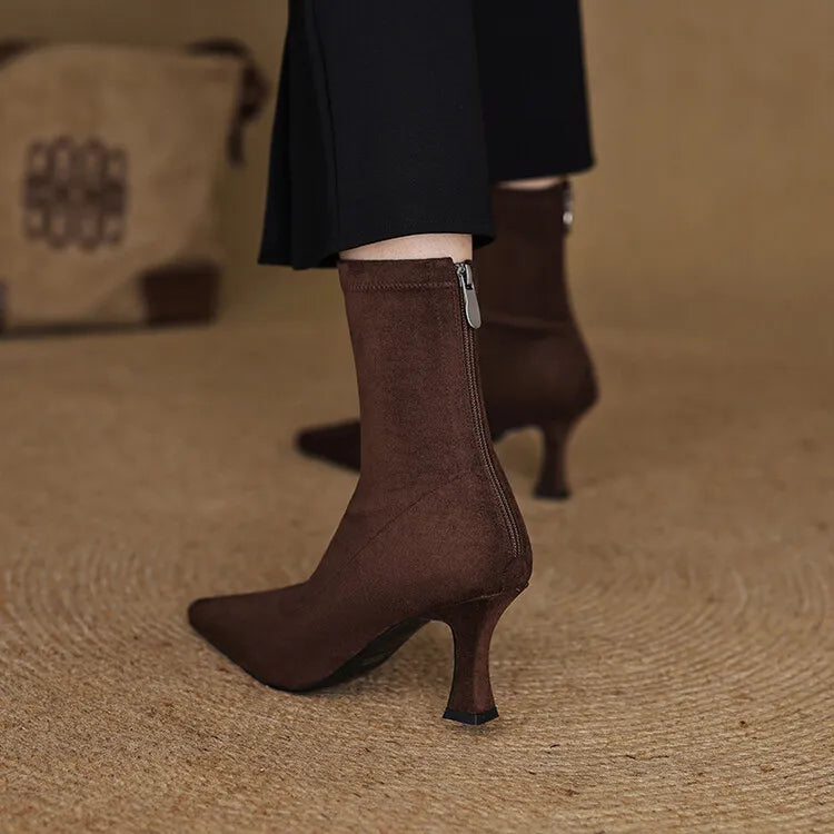 Women’s Faux Leather Sock Boots with Pointed Toe and Mid Heel – Brown Stretch Fit Ankle Boots