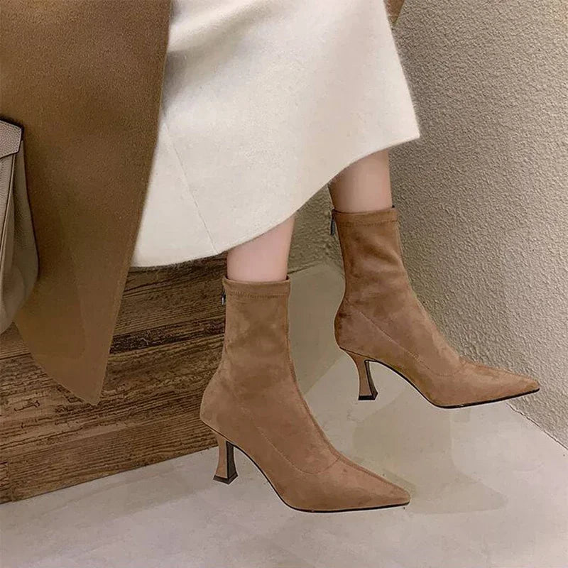 Women’s Faux Leather Sock Boots with Pointed Toe and Mid Heel – Brown Stretch Fit Ankle Boots