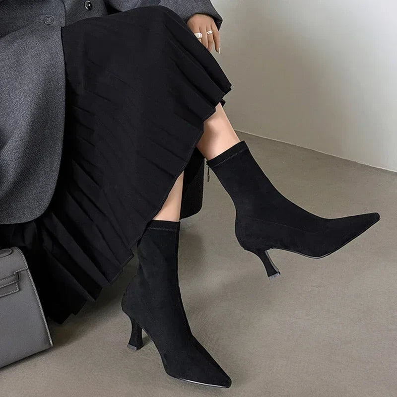 Women’s Faux Leather Sock Boots with Pointed Toe and Mid Heel – Brown Stretch Fit Ankle Boots