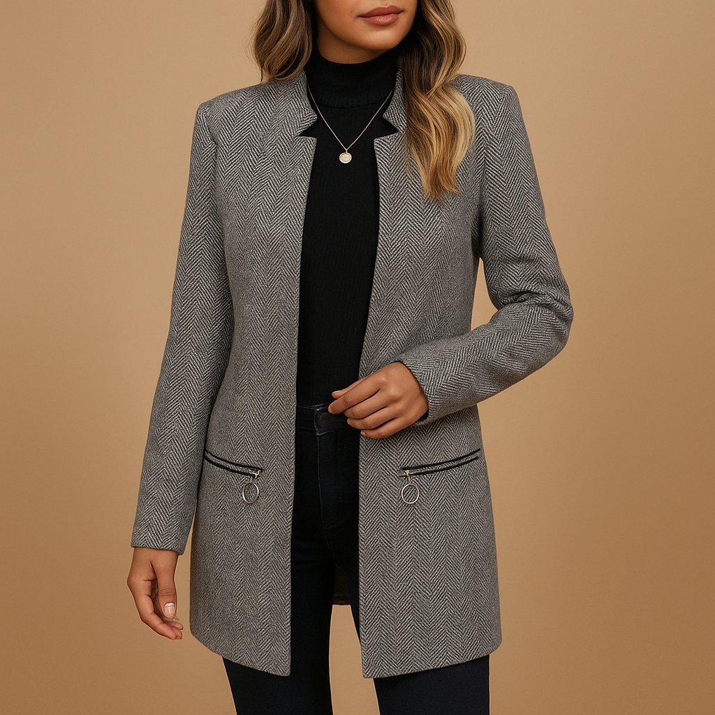 Women’s Printed Tailored Jacket – Slim Fit with Structured Shoulders and Zip Detailing