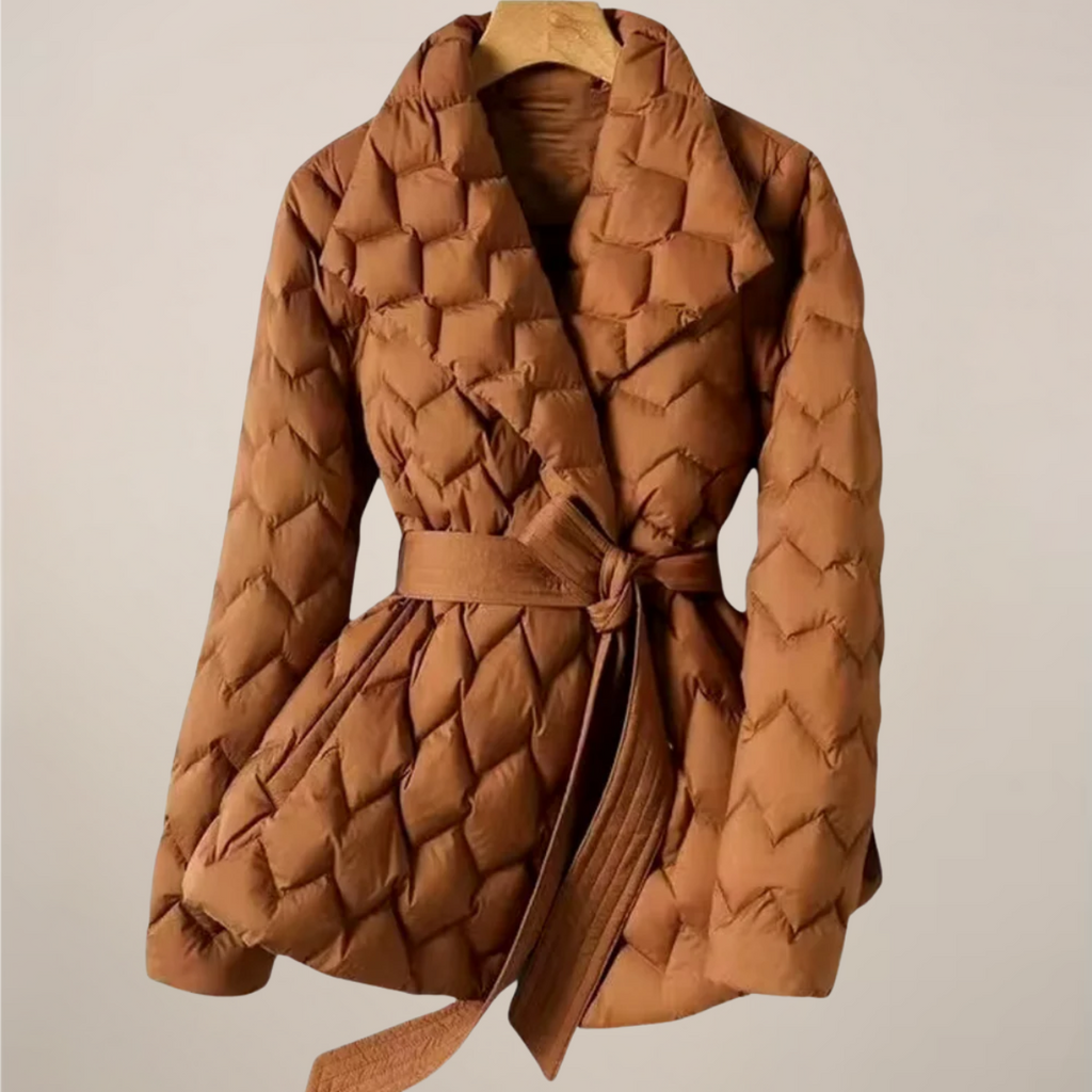 Women’s Puffer Jacket – Quilted Design – Belted Waist – Elegant Fit