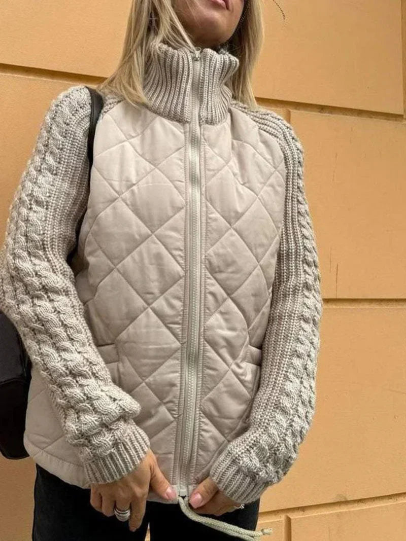 Women’s Quilted Jacket – Textured Sleeves, Funnel Neck, Zip Front