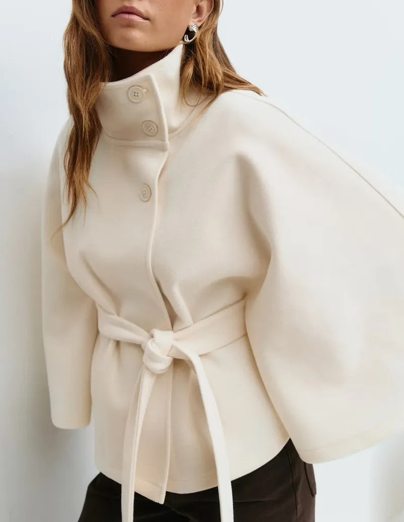 Women’s Short Cape Coat – Funnel Neck, Belted Waist, Cape Sleeves