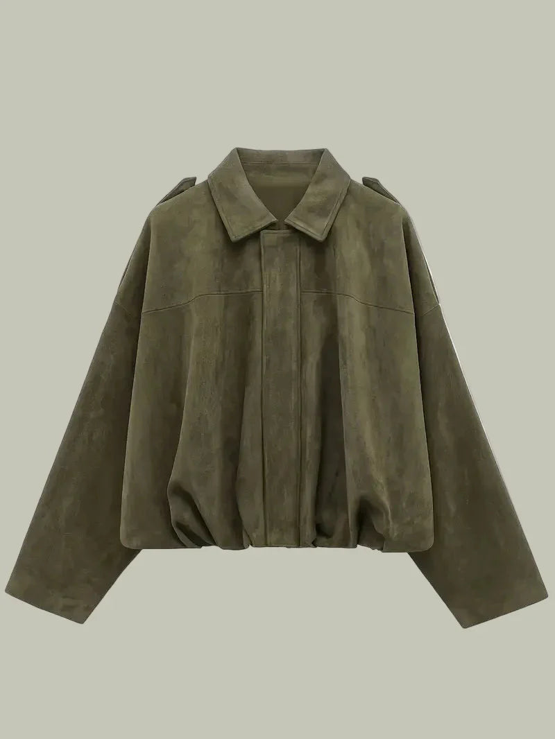Women’s Short Jacket – Faux Suede, Oversized, Elasticated Hem