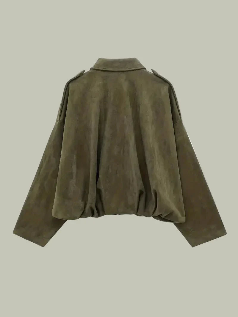 Women’s Short Jacket – Faux Suede, Oversized, Elasticated Hem