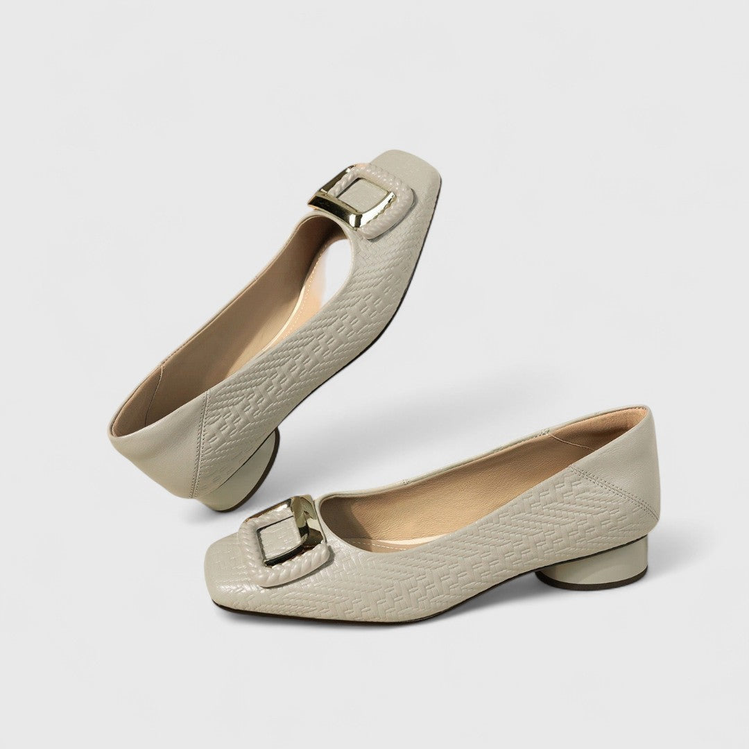 Women’s Square-Toe Low Heels – Textured Finish with Gold Buckle Detail