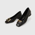Women’s Square-Toe Low Heels – Textured Finish with Gold Buckle Detail