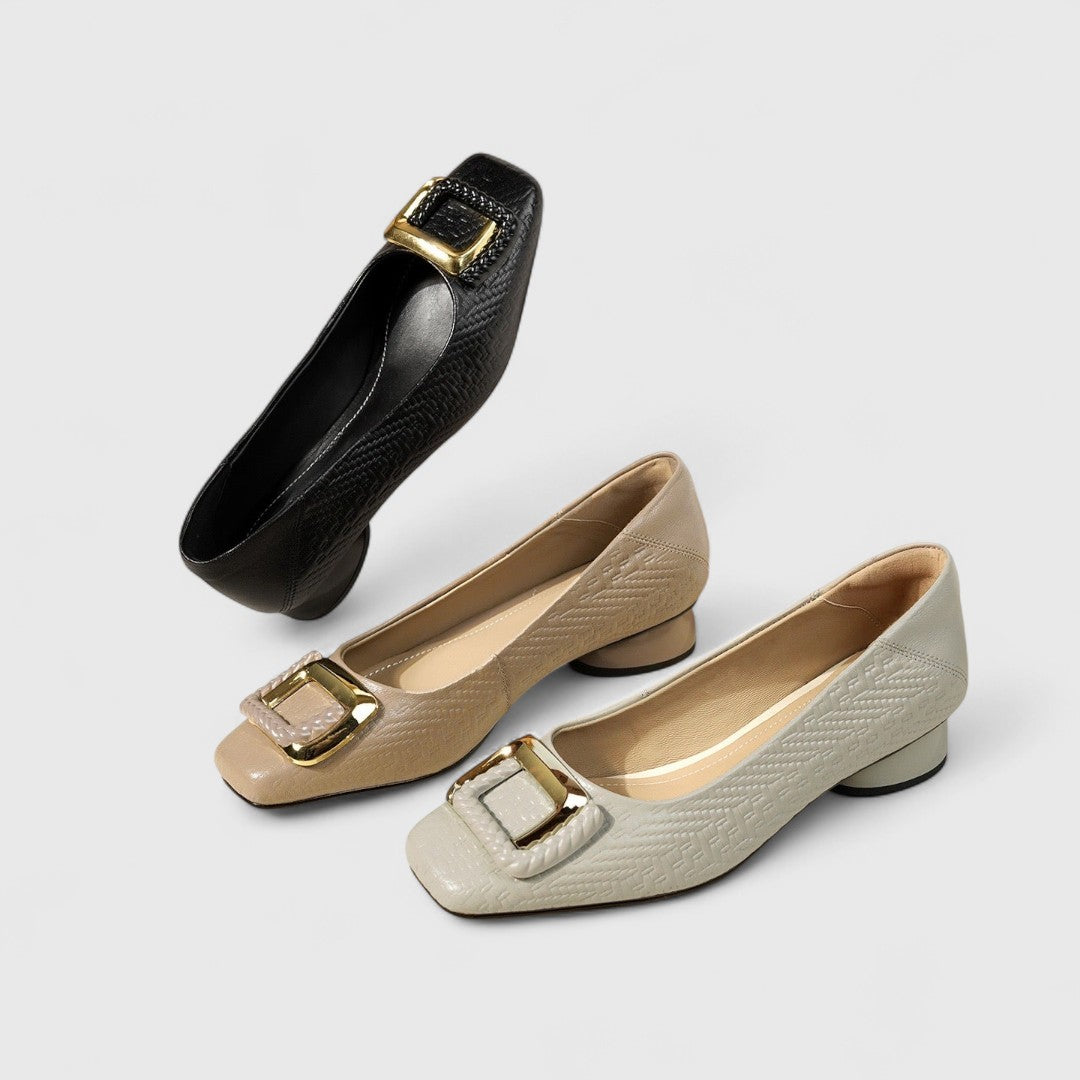 Women’s Square-Toe Low Heels – Textured Finish with Gold Buckle Detail