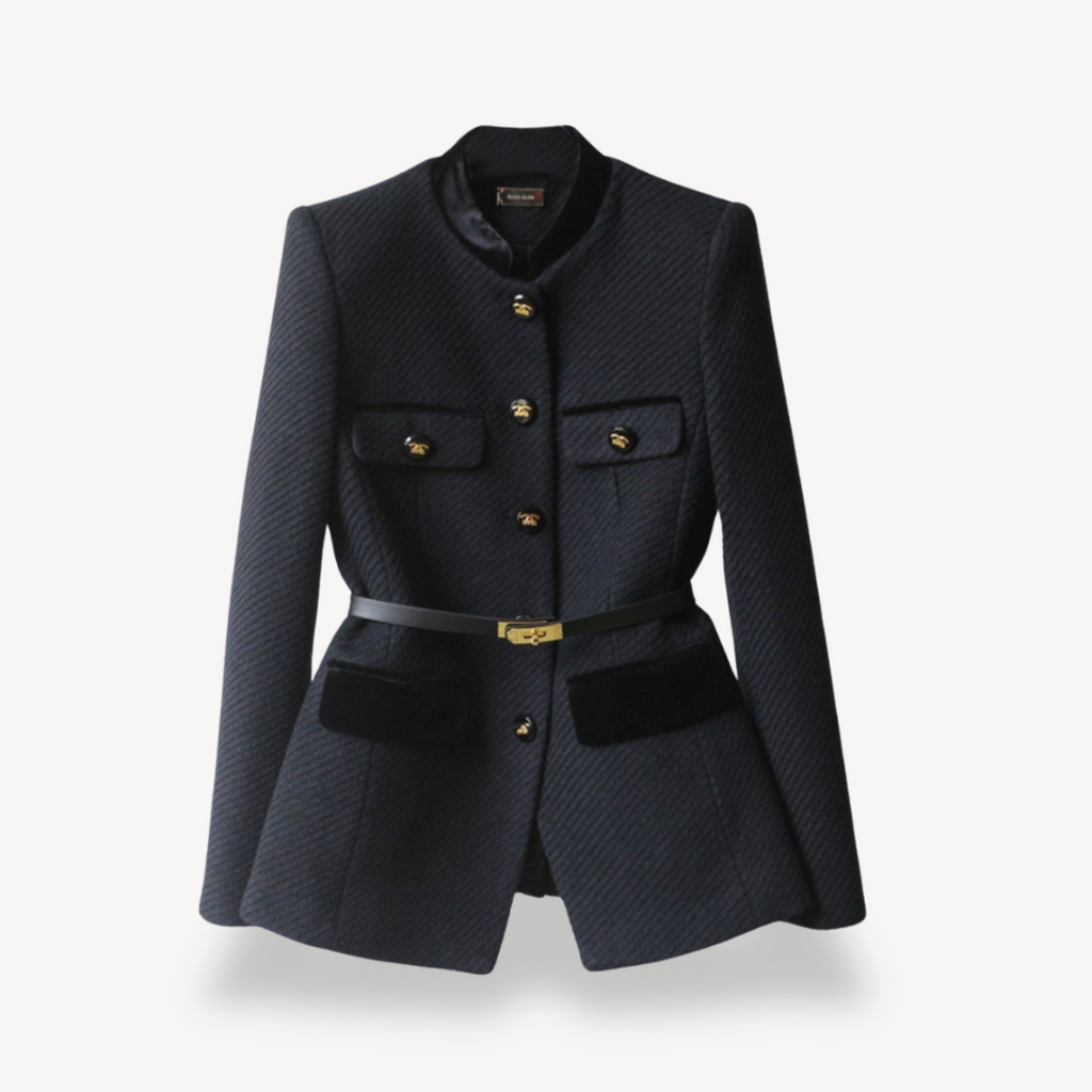 Women's Tailored Belted Blazer – Velvet Detail & Gold-Tone Finish