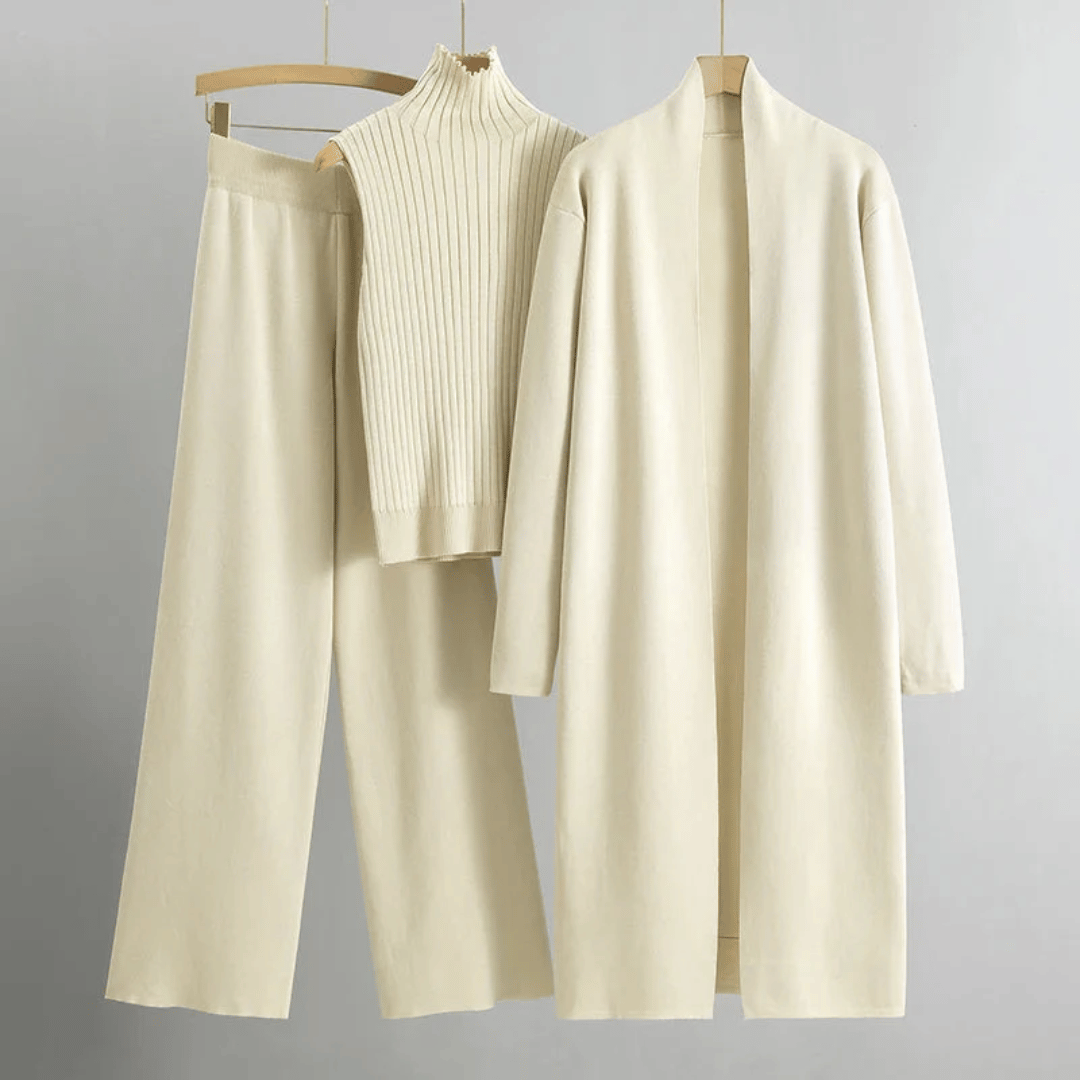 Women’s Three-Piece Lounge Set – Ribbed Knit Top, Wide-Leg Trousers & Longline Cardigan