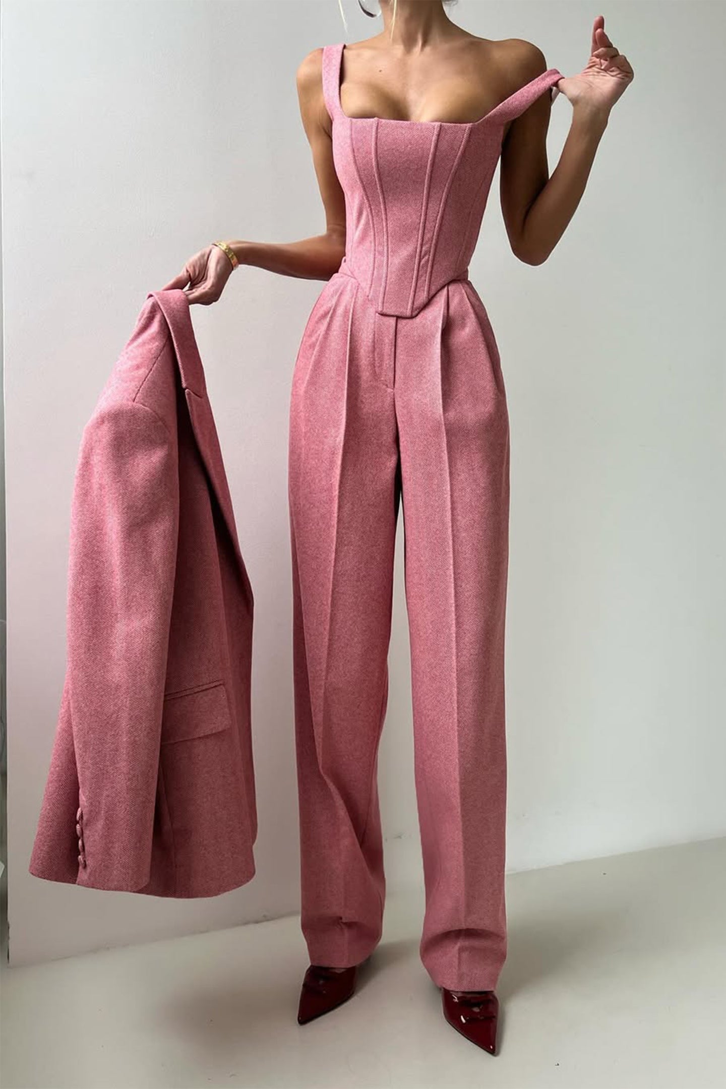 Women’s Three-Piece Trouser Suit – Double-Breasted Blazer, Corset Top, Wide-Leg