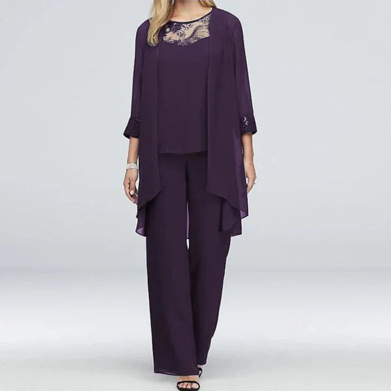 Women’s Three-Piece Wide-Leg Trousers & Longline Jacket Set – Formal Occasion Wear