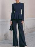 Navy Peplum Blazer & Wide-Leg Trouser Set