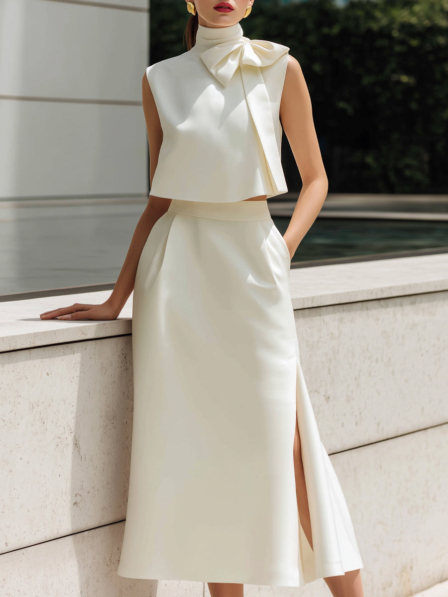 High-Neck Bow Detail Cropped Top & Slit Midi Skirt Set