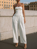 Strapless Peplum Set: Gold-Button Top & Wide-Leg Trousers