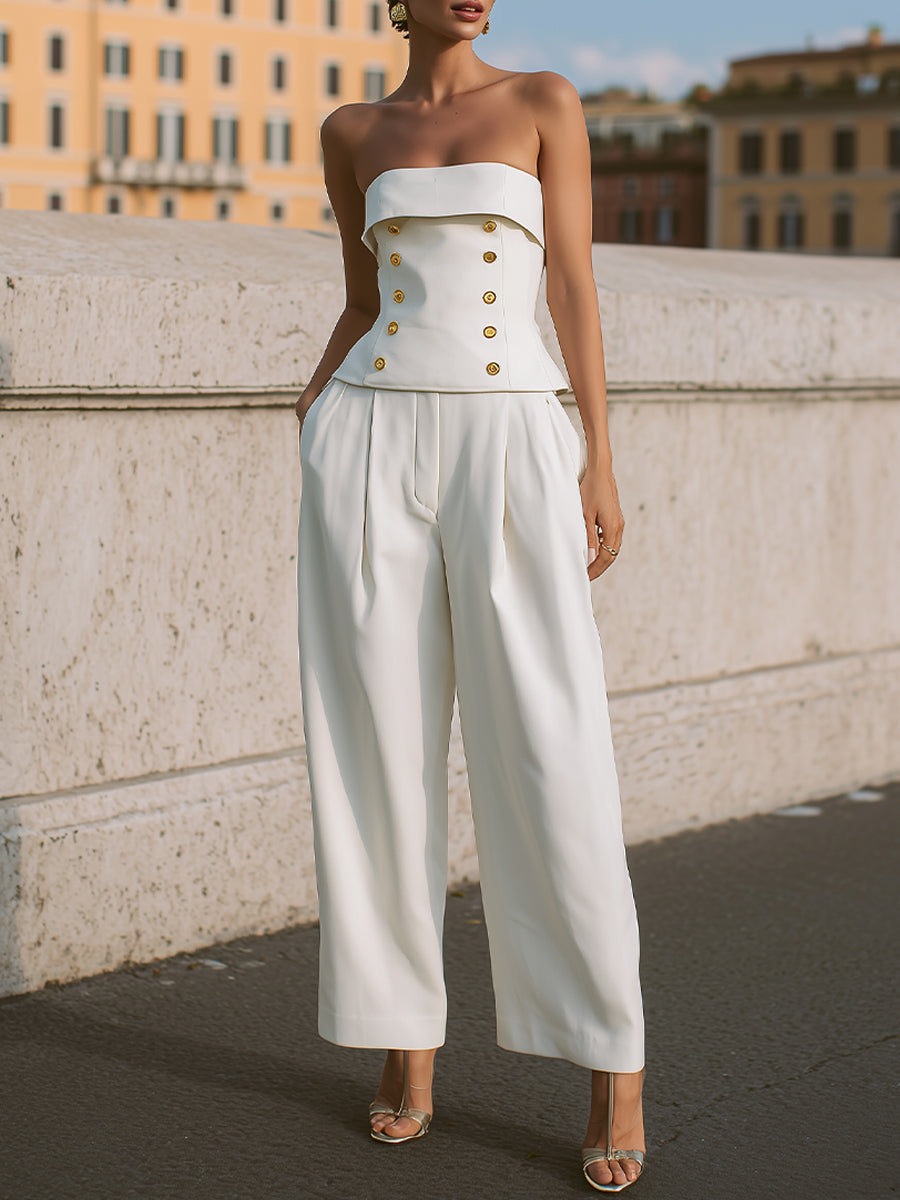 Strapless Peplum Set: Gold-Button Top & Wide-Leg Trousers