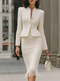 Textured  Blazer Skirt Set With Fringe Hem
