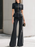 Washed Black Denim Peplum Top & Flared Trouser Two-Piece Set