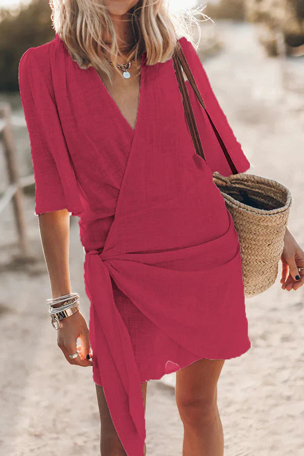 Women’s Wrap Linen Mini Dress – Asymmetrical Hem and Adjustable Fit for Summer