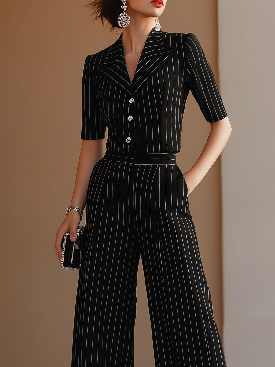 Pinstripe Tailored Button-Front Top & Wide-Leg Trouser Set