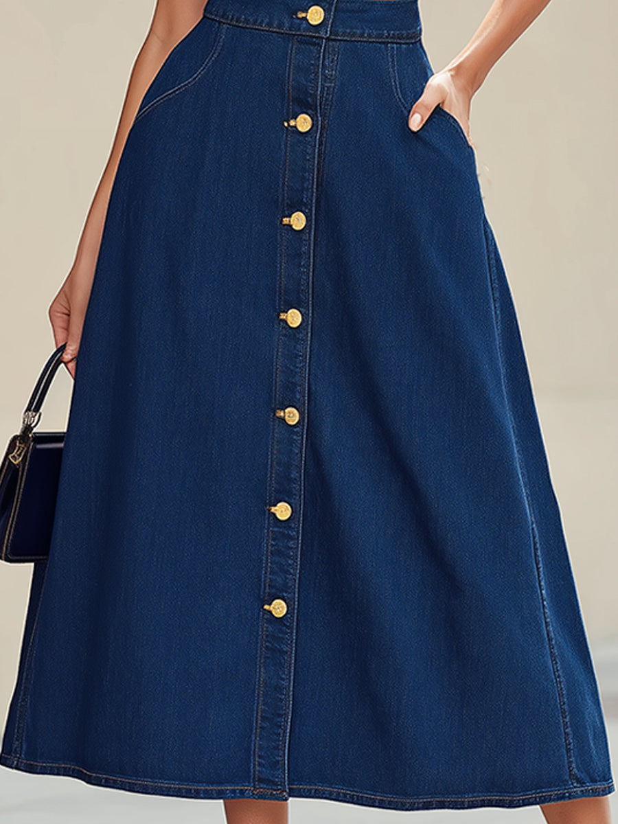 Retro Indigo Denim Bustier Crop Top & Maxi Skirt Two-Piece Set