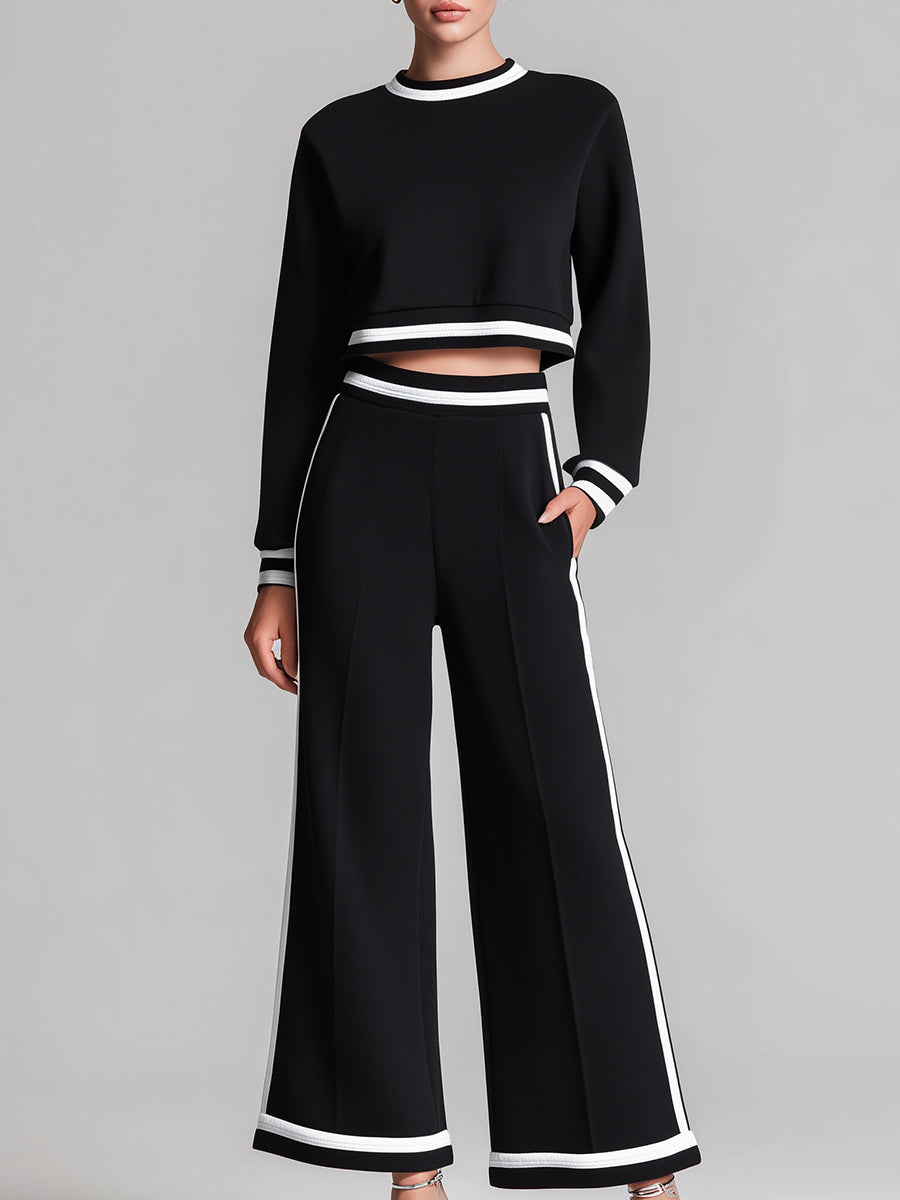 Black Cropped Sweatshirt & Wide-Leg Pants Set