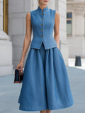 Denim Blue Mandarin Collar Vest & Midi Skirt Two-Piece Set