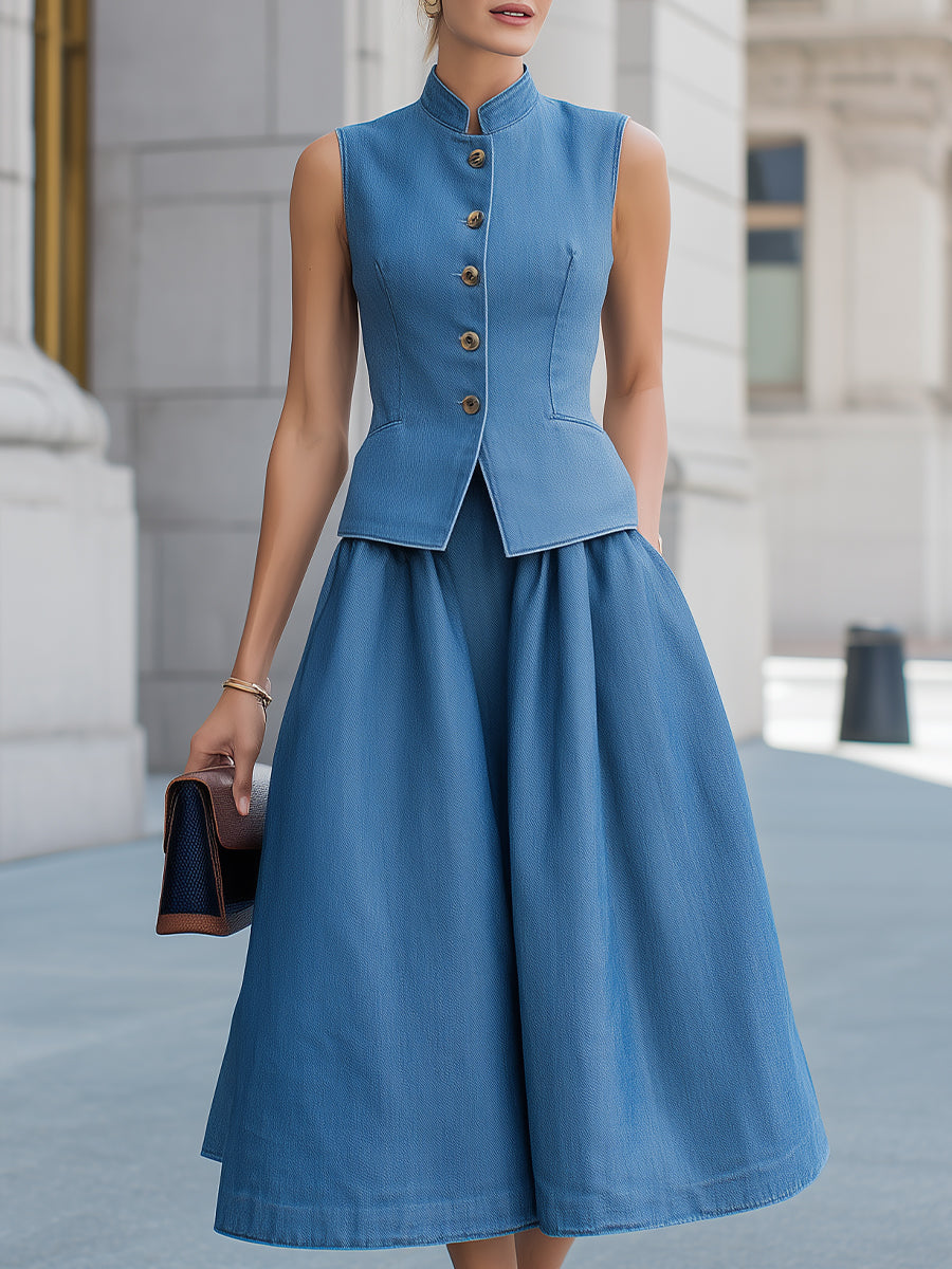 Denim Blue Mandarin Collar Vest & Midi Skirt Two-Piece Set