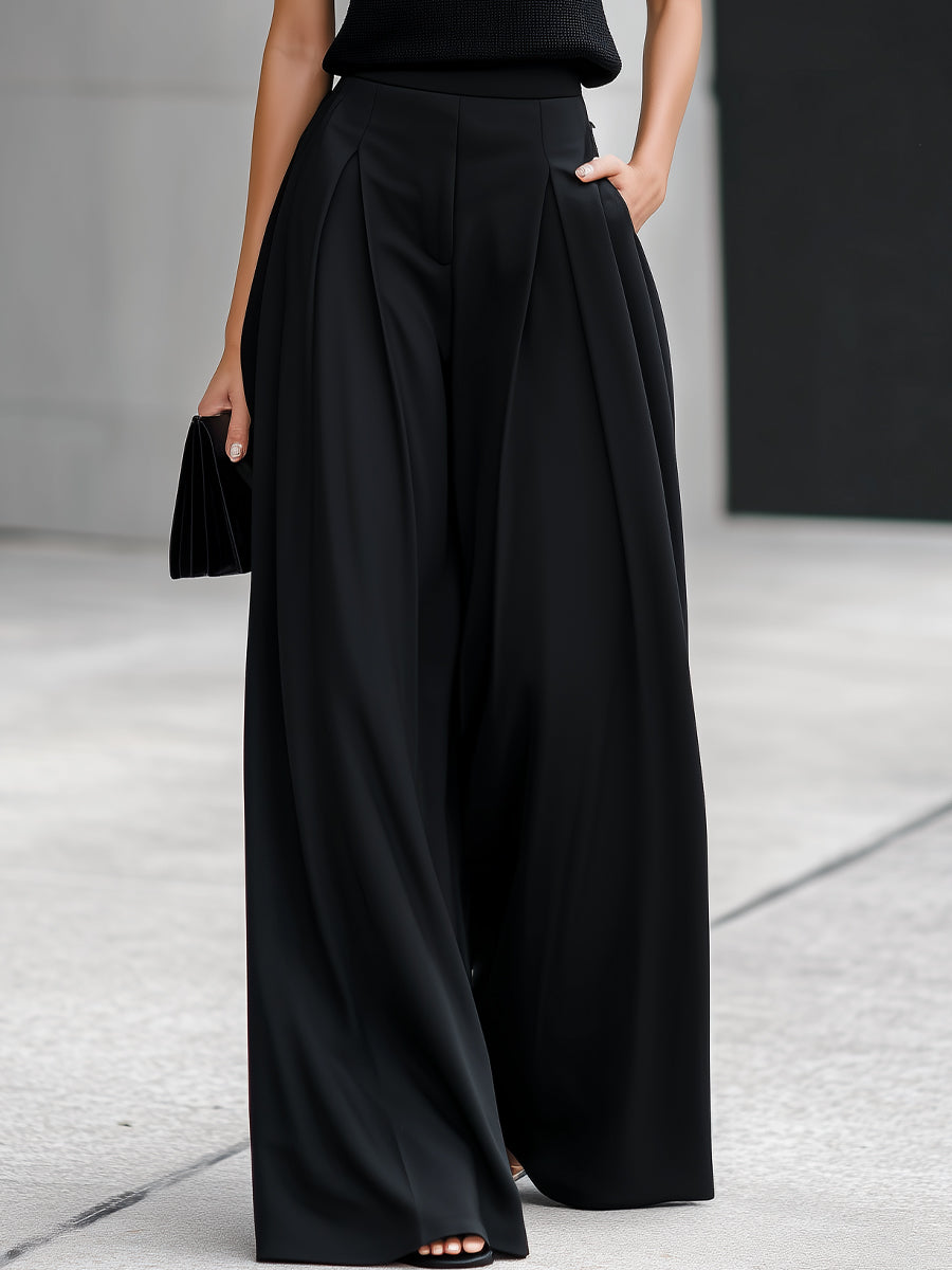 Black Turtleneck Sleeveless Knit Top & Pleated Wide-Leg Trouser Two-Piece Set