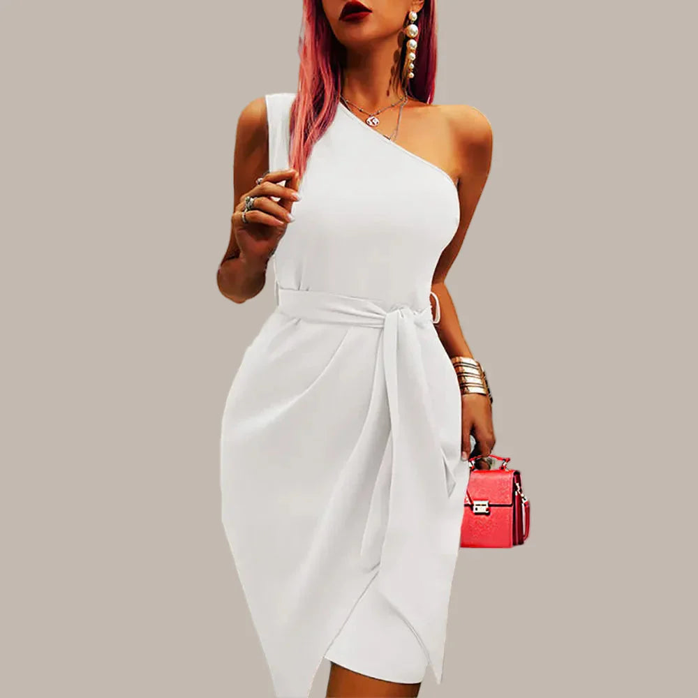 Women’s One Shoulder Midi Evening Dress – Asymmetric Fit with Waist Detail