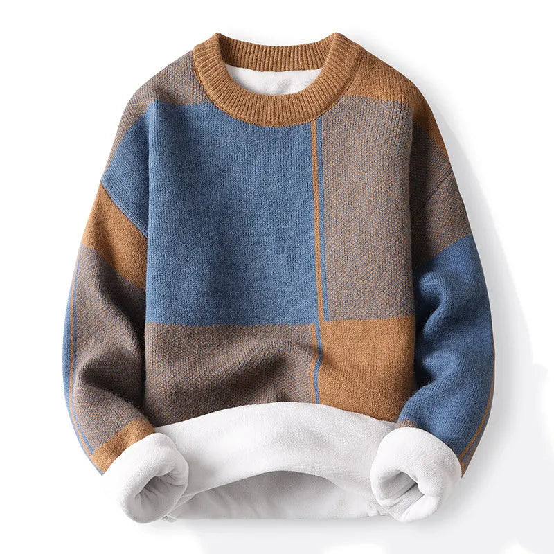 Men’s Colour-Block Knitted Jumper – Crew Neck, Long Sleeve - Geometric Design